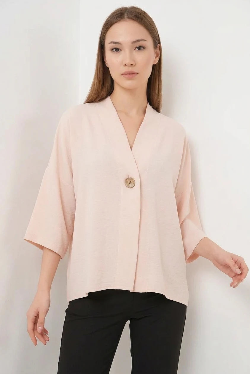 Kadın V Yaka Kısa Kol Oversize Krem Kimono