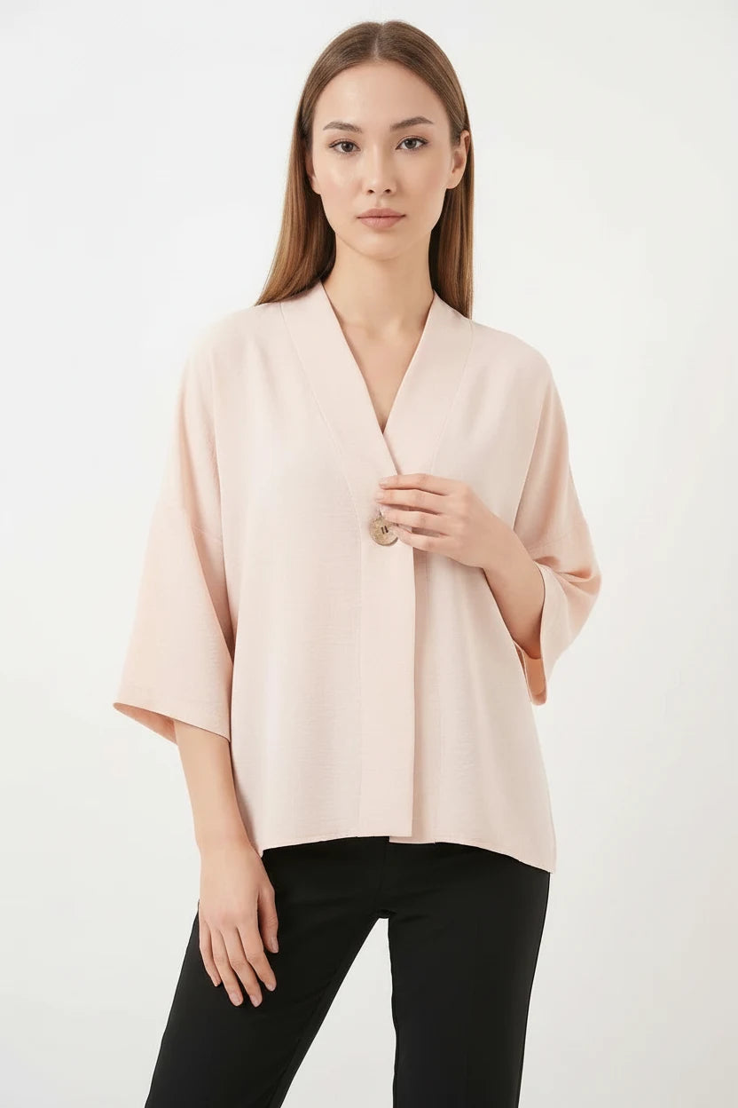 Kadın V Yaka Kısa Kol Oversize Krem Kimono