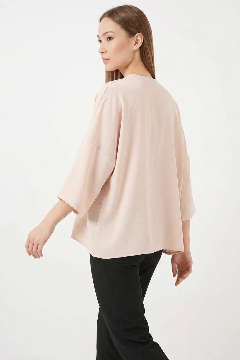 Kadın V Yaka Kısa Kol Oversize Krem Kimono