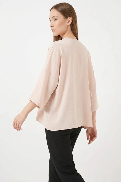 Kadın V Yaka Kısa Kol Oversize Krem Kimono