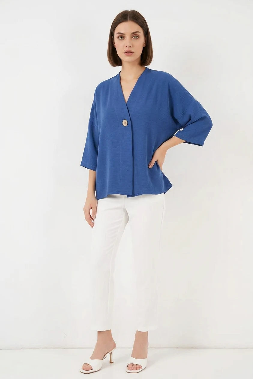 Kadın V Yaka Oversize Kısa Kol İndigo Kimono