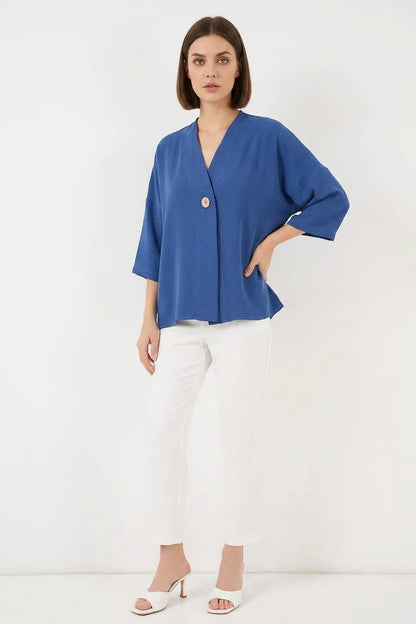 Kadın V Yaka Oversize Kısa Kol İndigo Kimono