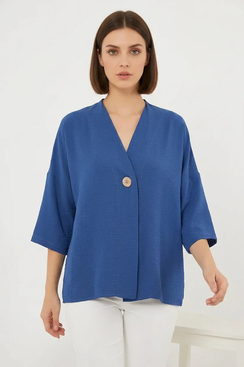 Kadın V Yaka Oversize Kısa Kol İndigo Kimono