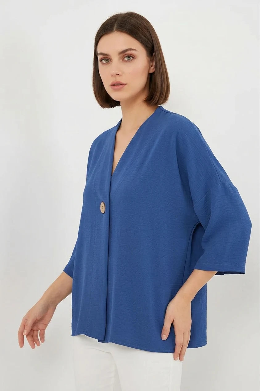 Kadın V Yaka Oversize Kısa Kol İndigo Kimono