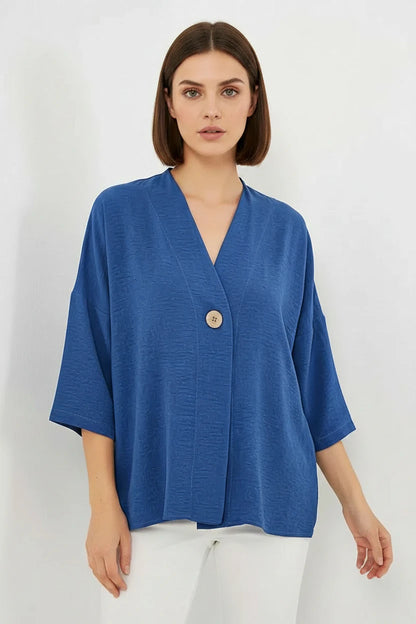 Kadın V Yaka Oversize Kısa Kol İndigo Kimono