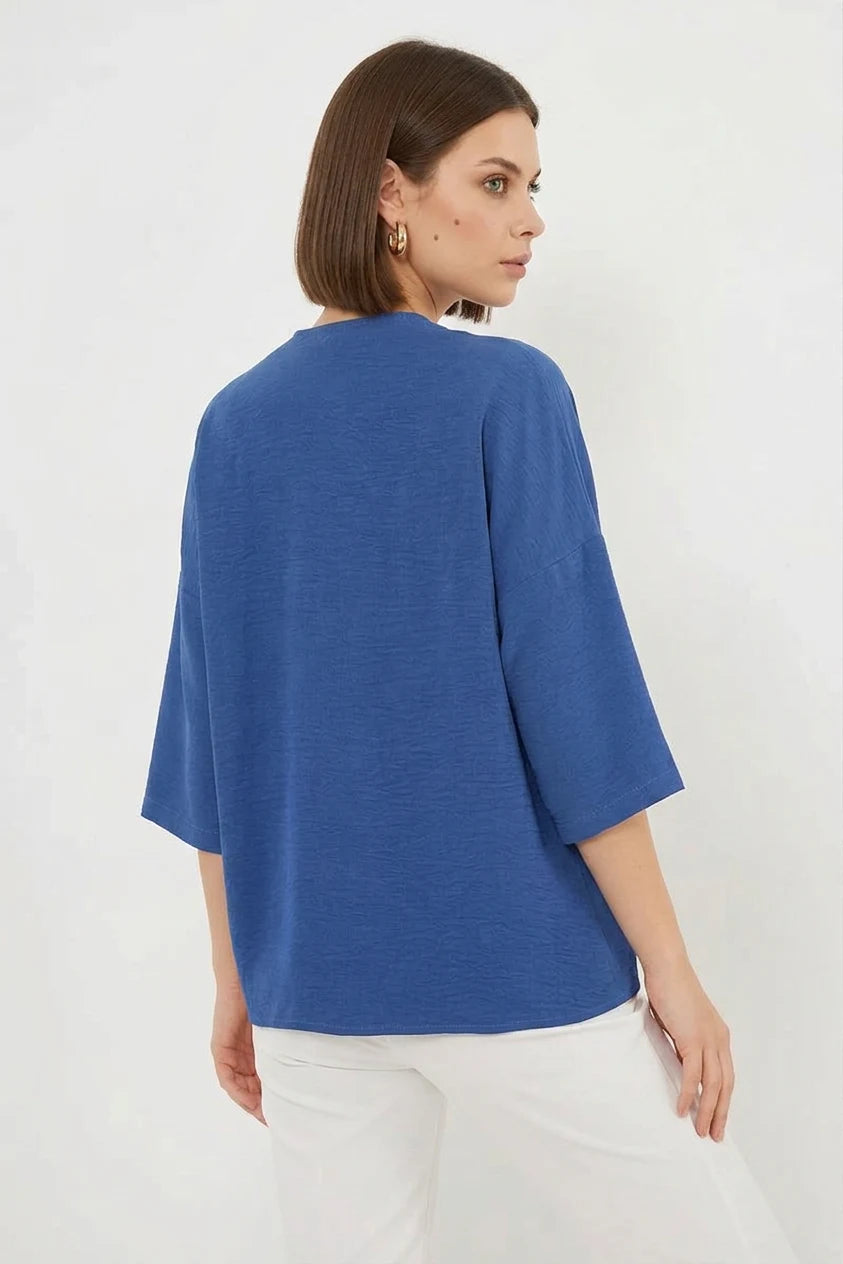 Kadın V Yaka Oversize Kısa Kol İndigo Kimono