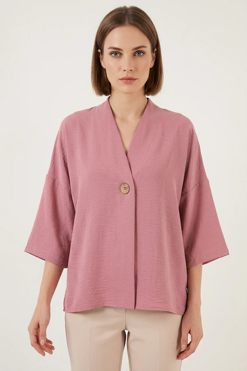 Kadın V Yaka Kısa Kol Oversize Gül Kurusu Kimono