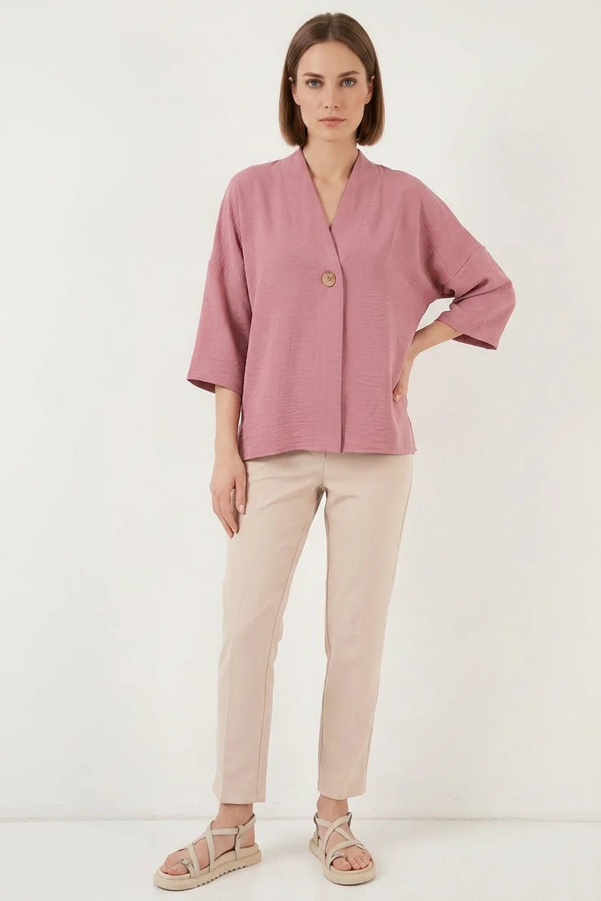 Kadın V Yaka Kısa Kol Oversize Gül Kurusu Kimono