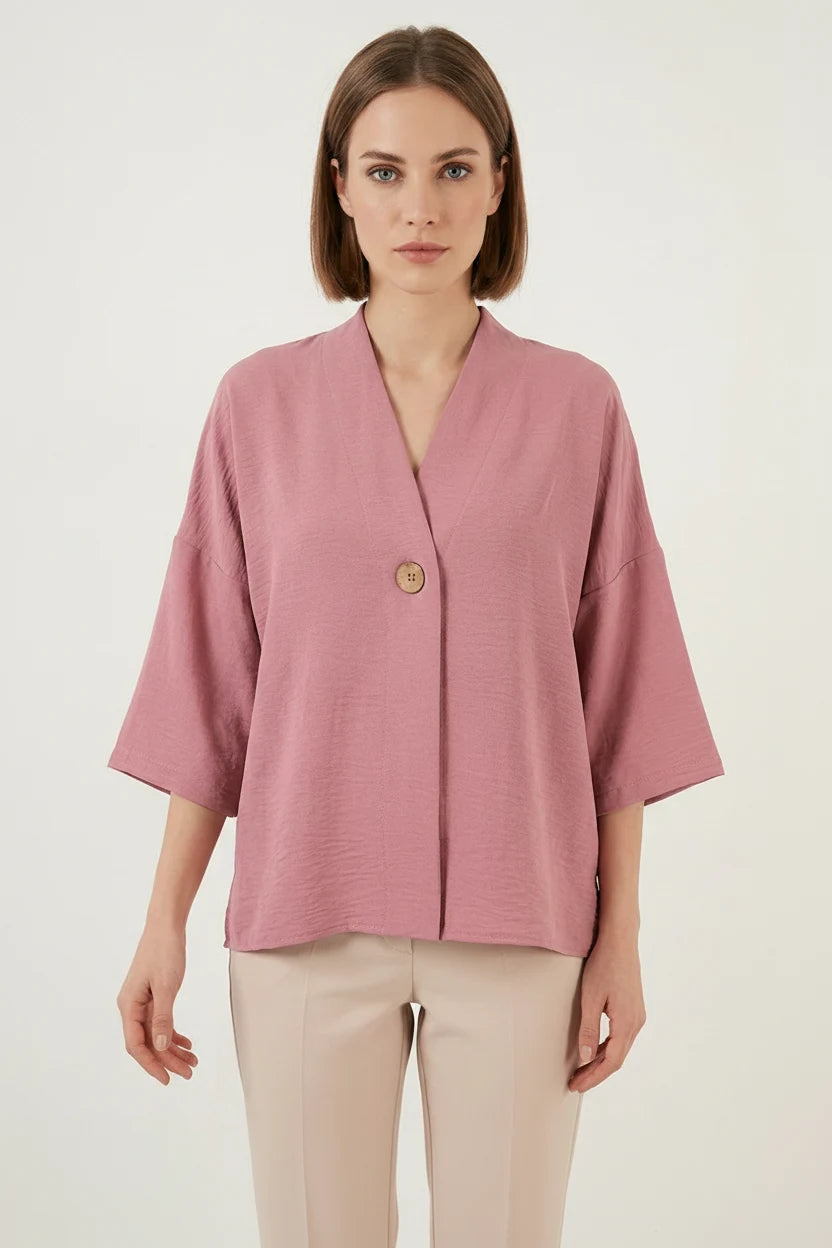 Kadın V Yaka Kısa Kol Oversize Gül Kurusu Kimono