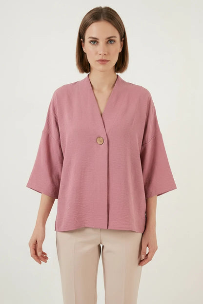 Kadın V Yaka Kısa Kol Oversize Gül Kurusu Kimono