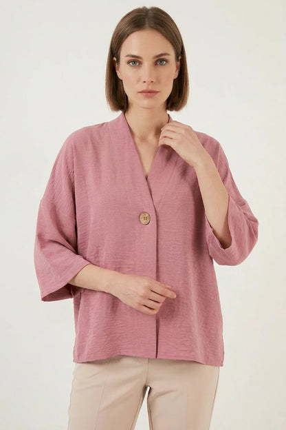 Kadın V Yaka Kısa Kol Oversize Gül Kurusu Kimono