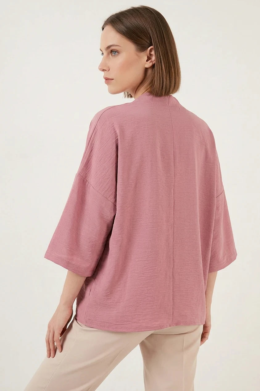 Kadın V Yaka Kısa Kol Oversize Gül Kurusu Kimono