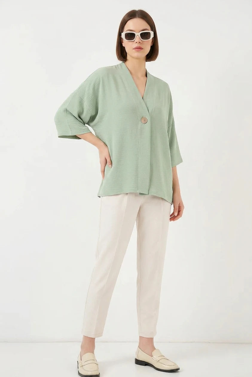 Kadın V Yaka Kısa Kol Oversize Çağla Yeşili Kimono