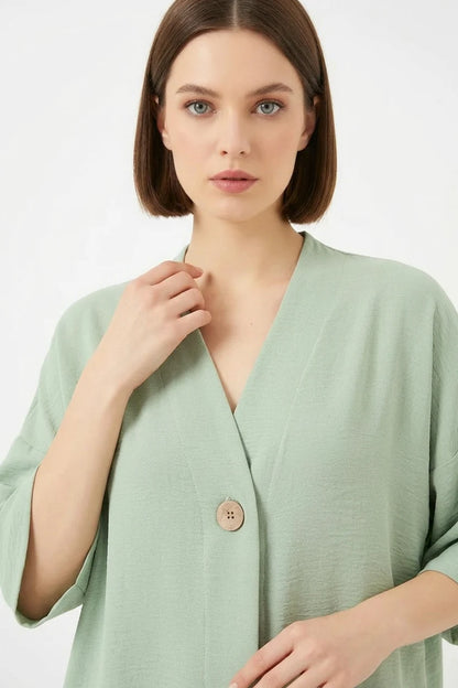 Kadın V Yaka Kısa Kol Oversize Çağla Yeşili Kimono