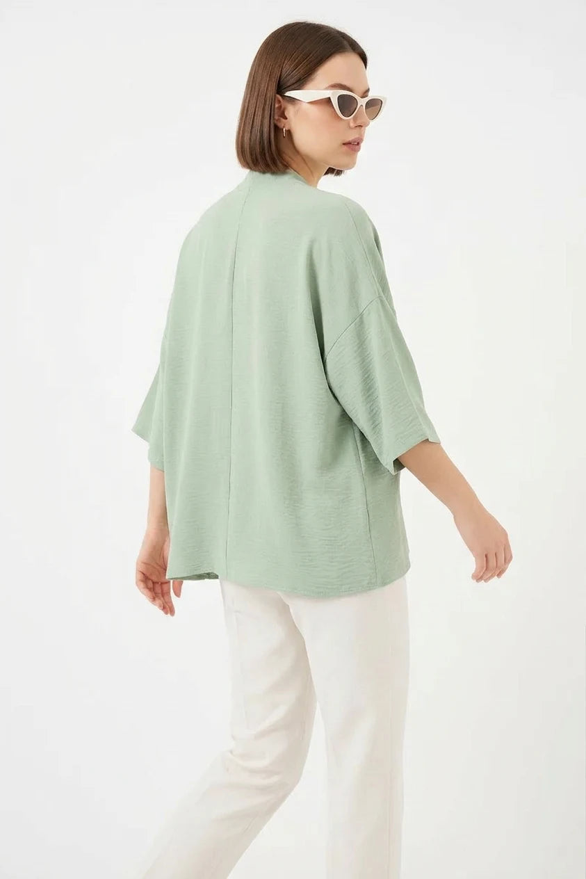 Kadın V Yaka Kısa Kol Oversize Çağla Yeşili Kimono
