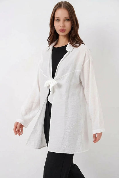Kadın Gömlek Yaka Bağcıklı Viskon Beyaz Kimono