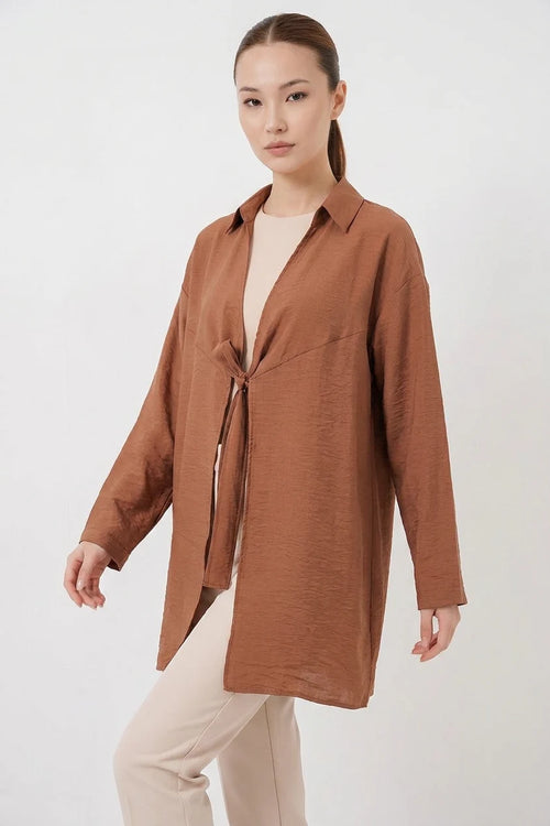 Kadın Gömlek Yaka Kuşaklı Bağcıklı Viskon Taba Kimono