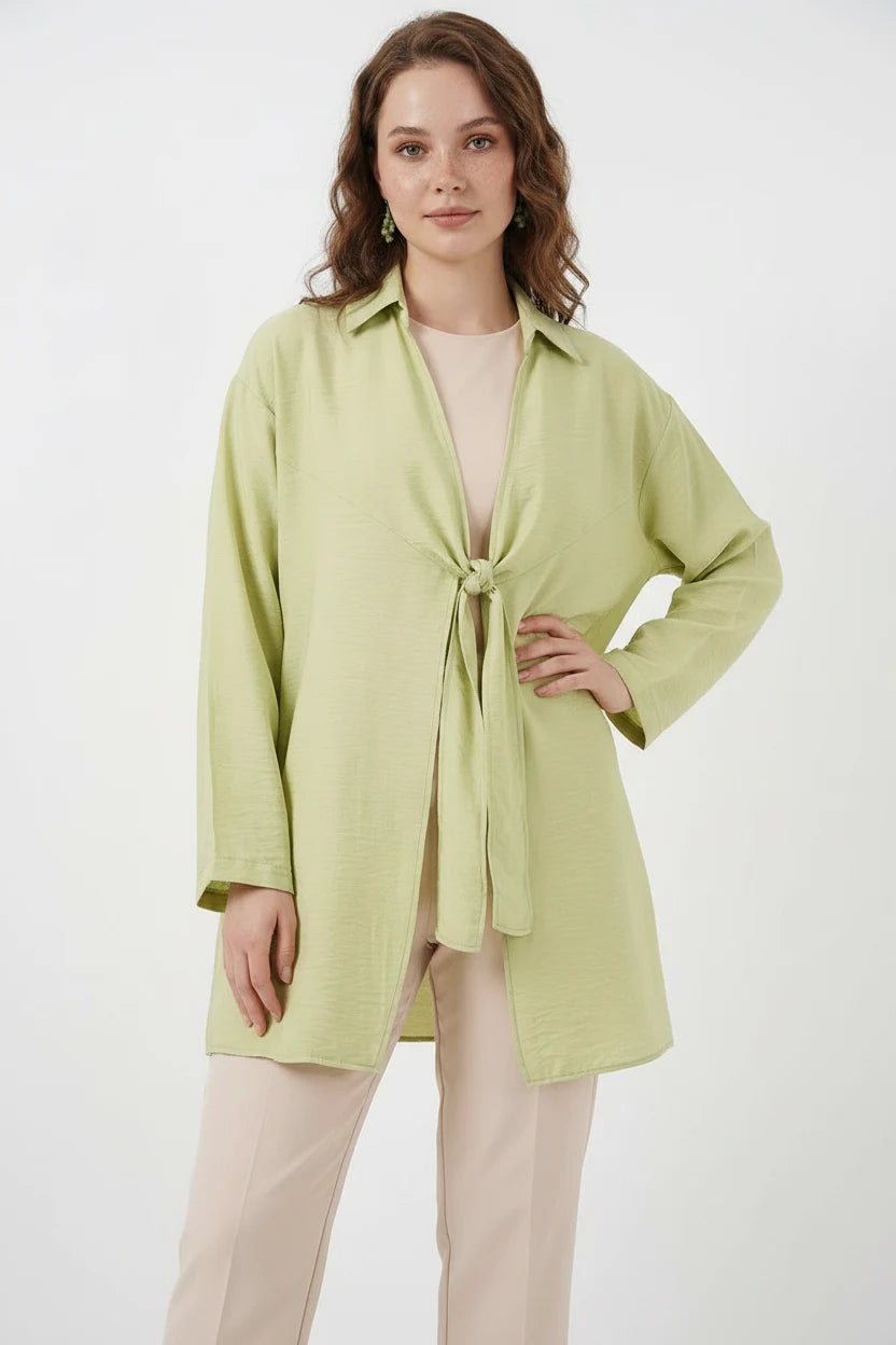 Kadın Gömlek Yaka Belden Bağcıklı Viskon Çağla Yeşili Kimono