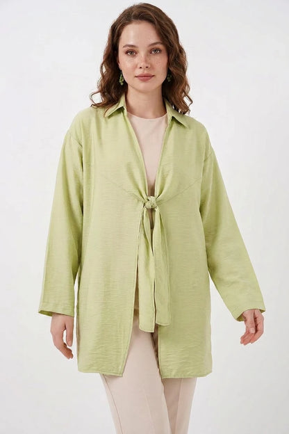 Kadın Gömlek Yaka Belden Bağcıklı Viskon Çağla Yeşili Kimono