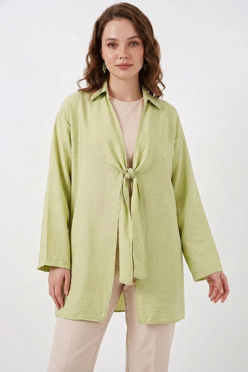 Kadın Gömlek Yaka Belden Bağcıklı Viskon Çağla Yeşili Kimono