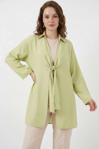 Kadın Gömlek Yaka Belden Bağcıklı Viskon Çağla Yeşili Kimono