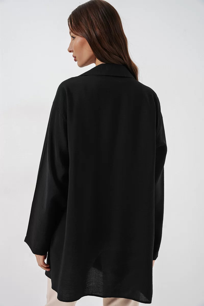 Kadın Gömlek Yaka Bağcıklı Viskon Siyah Kimono