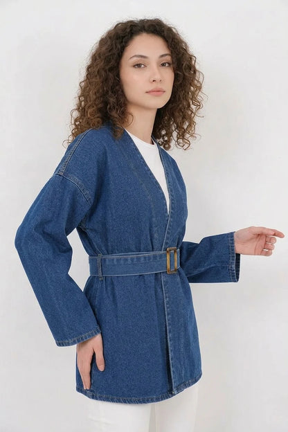 Kadın V Yaka Kuşaklı Kemerli Pamuklu Mavi Tunik