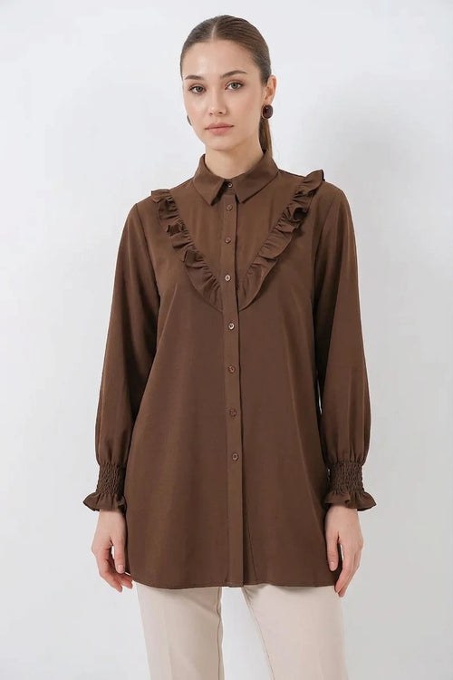 Kadın Fırfırlı Manşetli Kol Kahverengi Gömlek Tunik