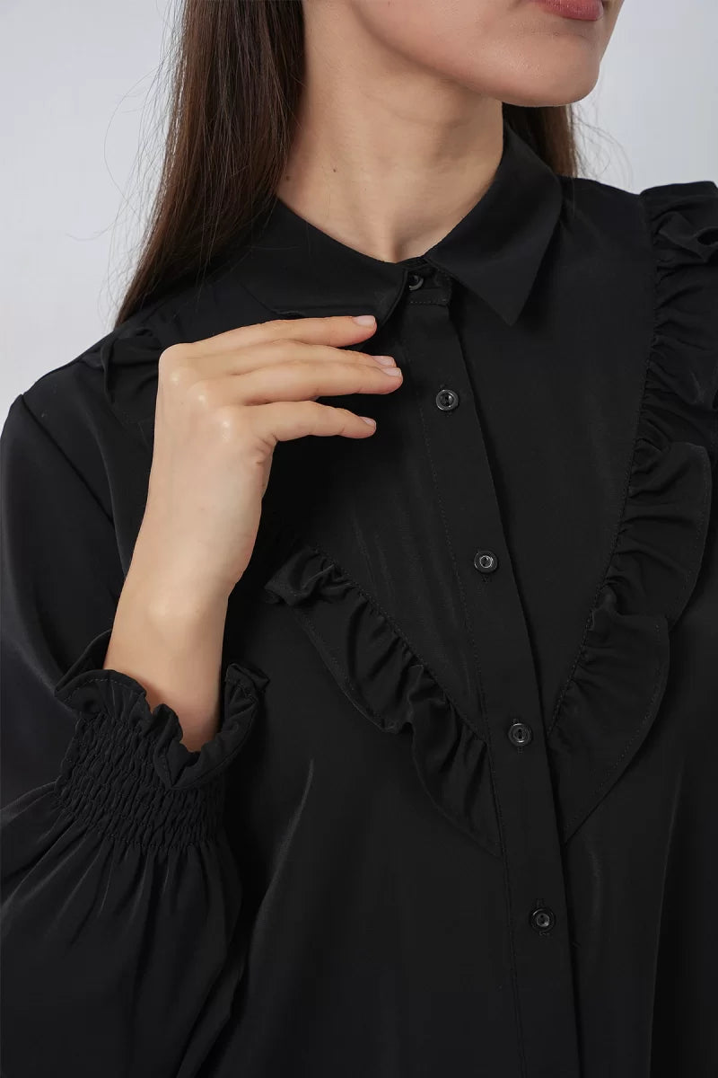 Kadın Gömlek Yaka Fırfırlı Siyah Tunik