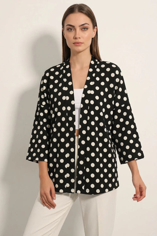 Kadın Yaka Puantiyeli Siyah Kimono