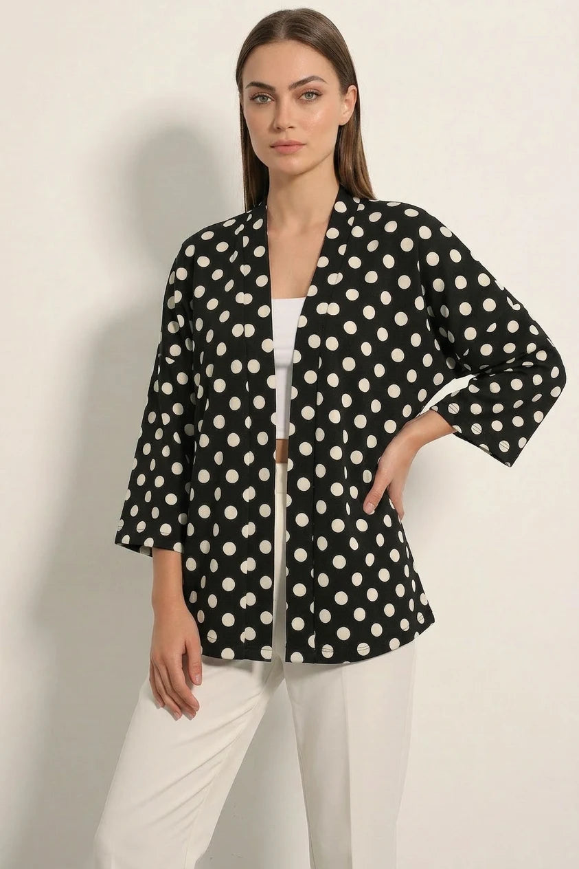 Kadın Yaka Puantiyeli Siyah Kimono