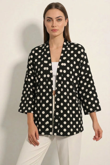 Kadın Yaka Puantiyeli Siyah Kimono