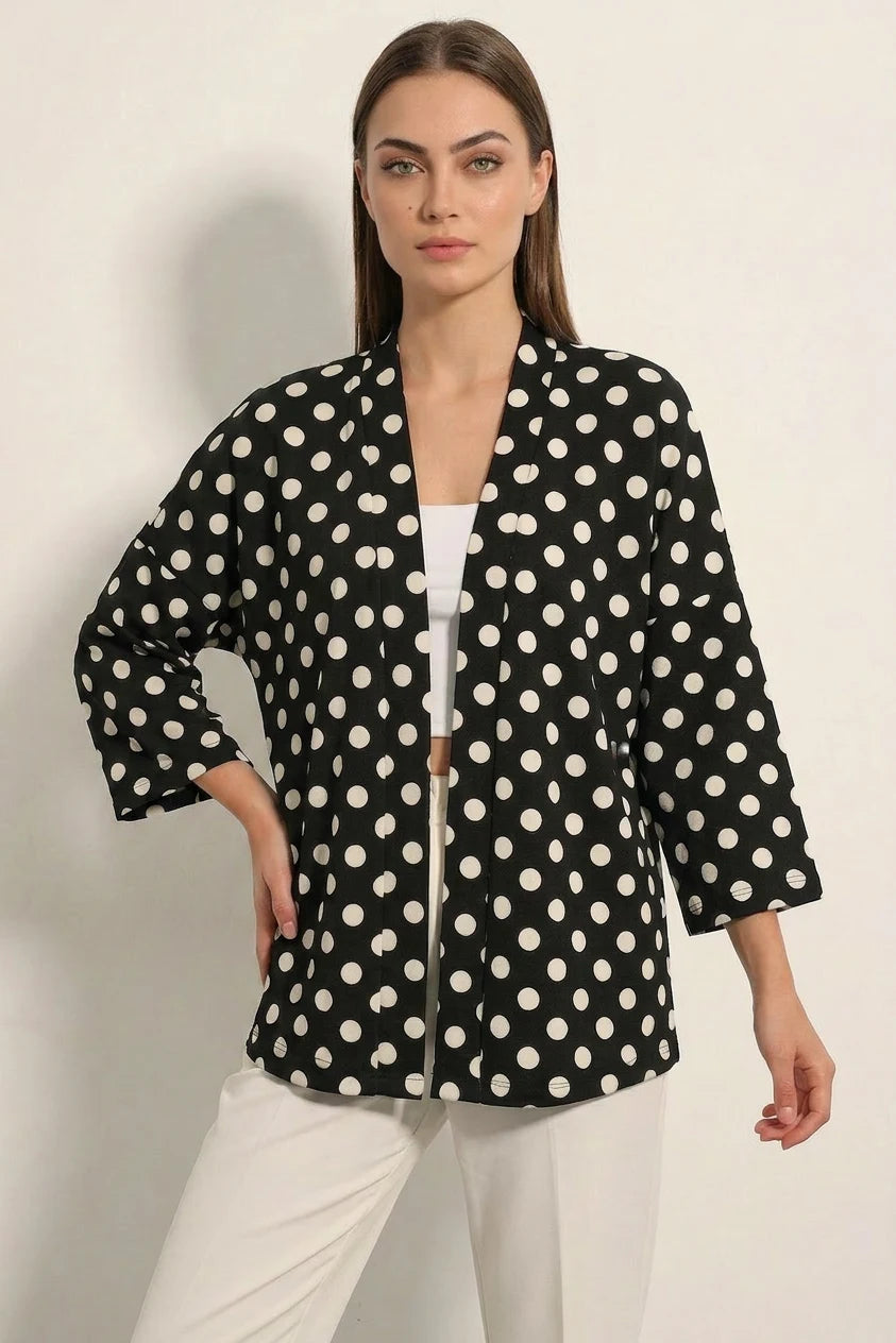 Kadın Yaka Puantiyeli Siyah Kimono