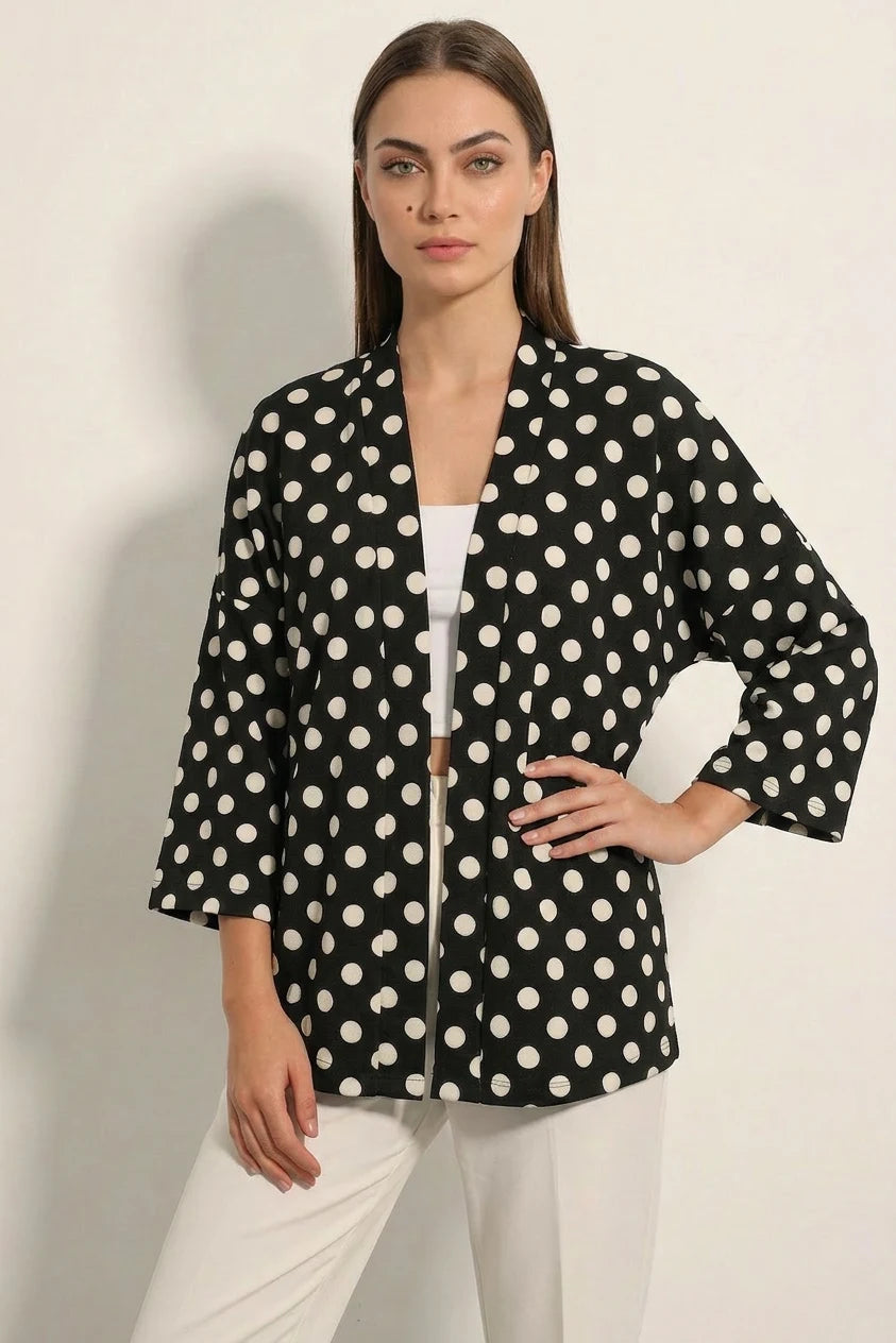 Kadın Yaka Puantiyeli Siyah Kimono