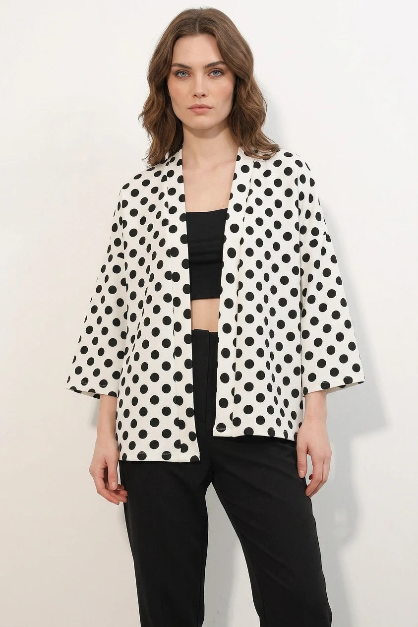 Kadın Yaka Puantiyeli Beyaz Kimono