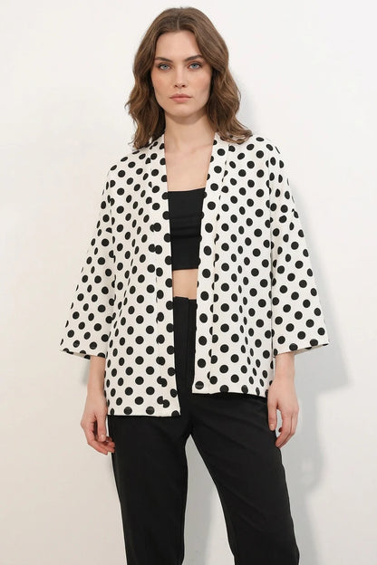Kadın Yaka Puantiyeli Beyaz Kimono