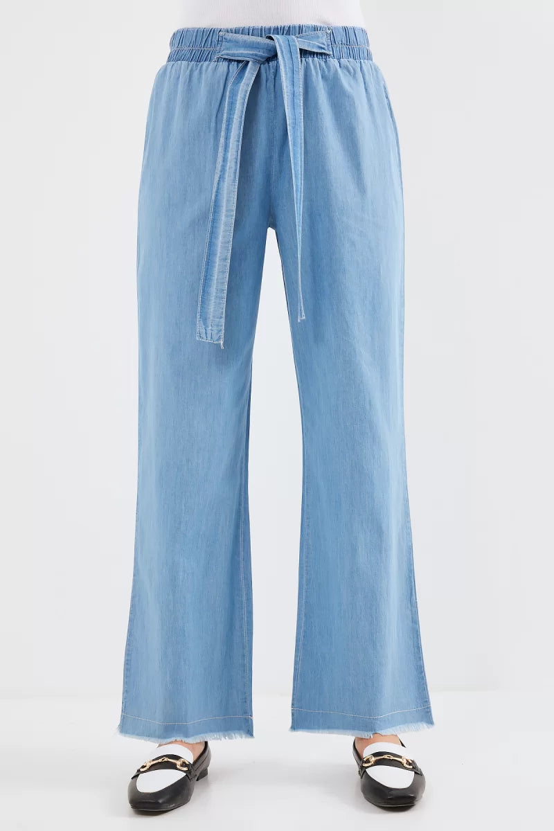 Kadın Yüksek Bel Paçası Fırfırlı Pamuklu Bol Paça Mavi Palazzo Pantolon