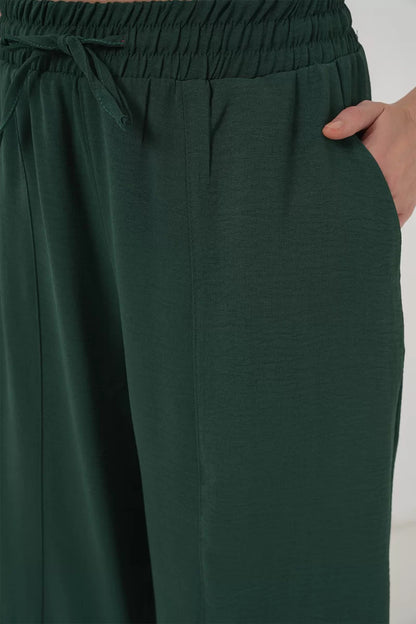 Kadın Yüksek Bel Kuşaklı Keten Zümrüt Yeşili Pantolon