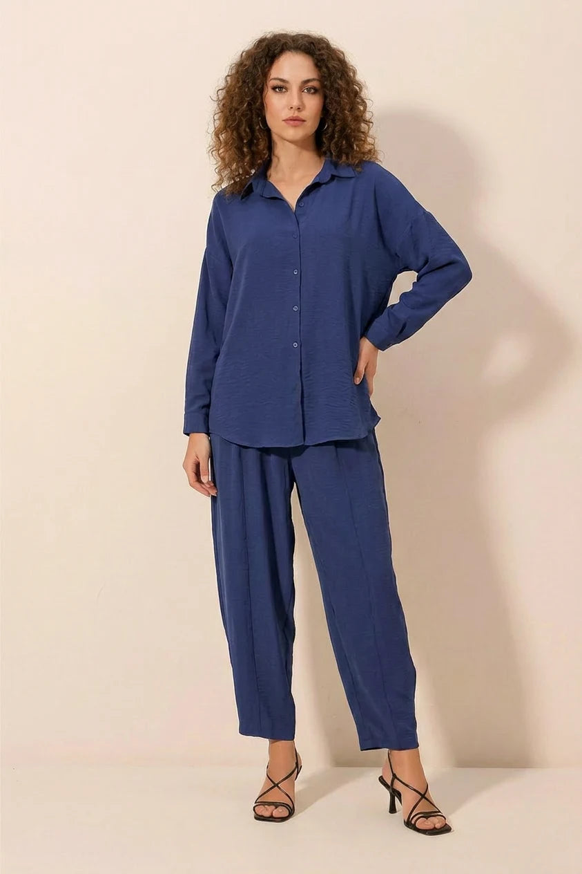 Kadın Gömlek Yaka Düğmeli Oversize İkili Takım