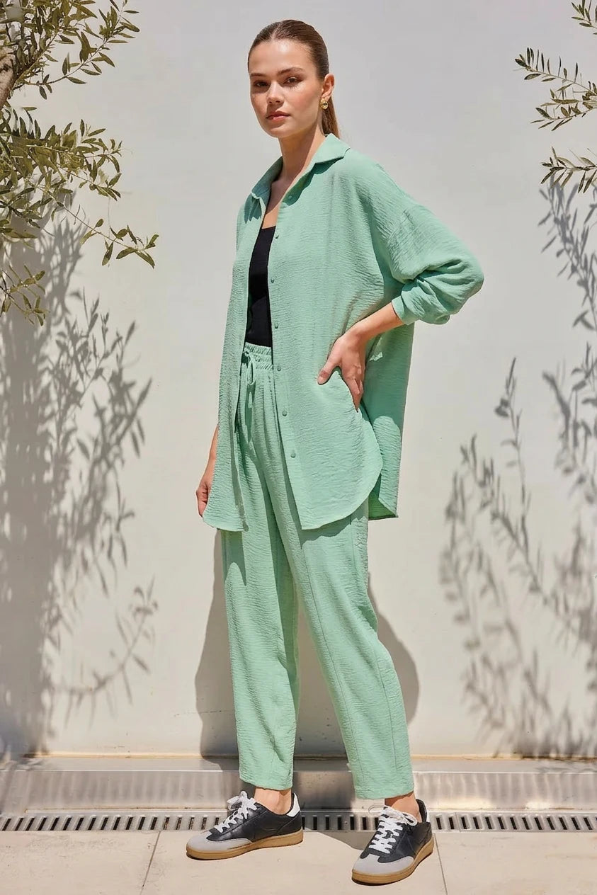 Kadın Gömlek Yaka Beli Büzgülü Oversize Mint İkili Takım