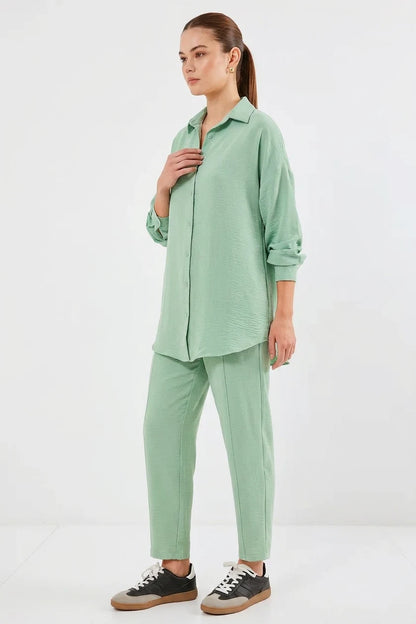 Kadın Gömlek Yaka Beli Büzgülü Oversize Mint İkili Takım