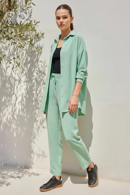 Kadın Gömlek Yaka Beli Büzgülü Oversize Mint İkili Takım