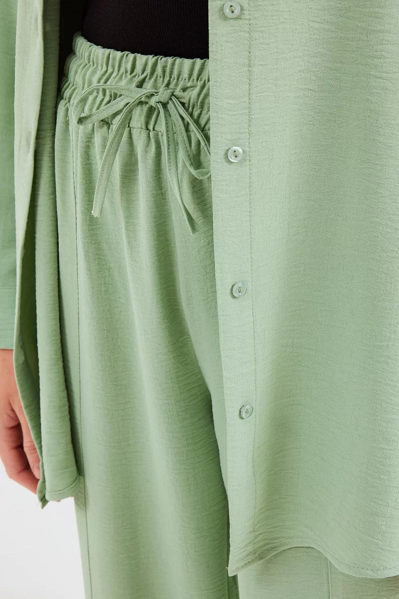 Kadın Gömlek Yaka Beli Büzgülü Oversize Mint İkili Takım
