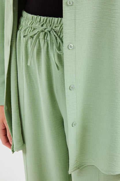 Kadın Gömlek Yaka Beli Büzgülü Oversize Mint İkili Takım