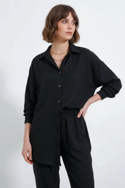 Kadın Beli Büzgülü Oversize Viskon Siyah Takım
