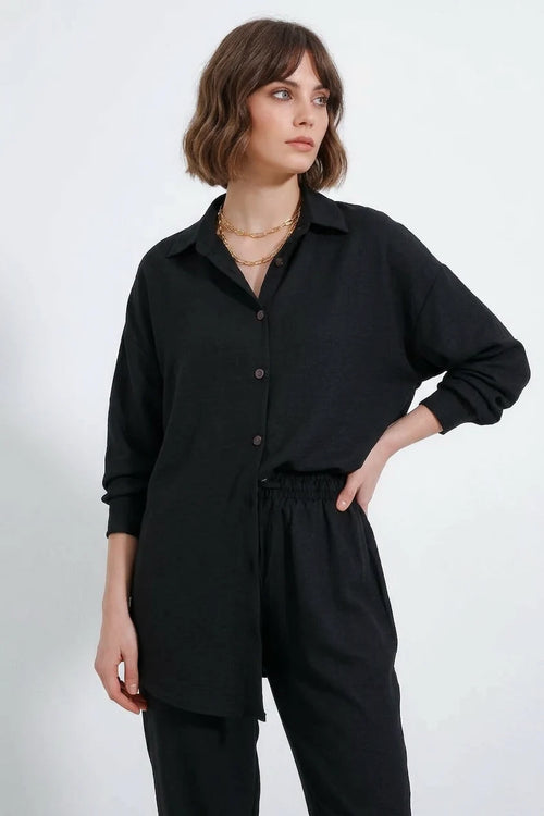 Kadın Beli Büzgülü Oversize Viskon Siyah Takım