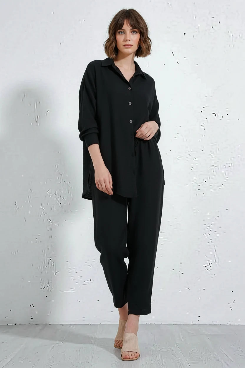 Kadın Beli Büzgülü Oversize Viskon Siyah Takım