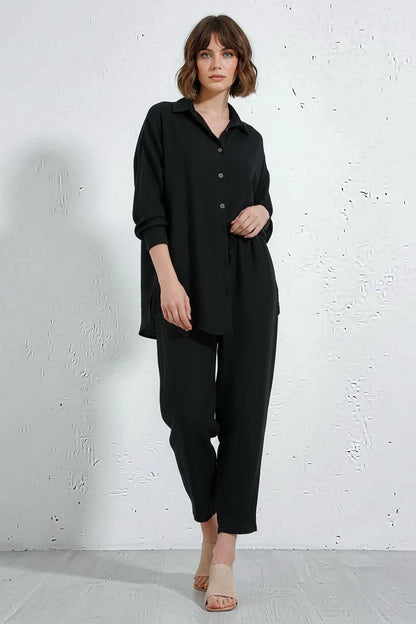 Kadın Beli Büzgülü Oversize Viskon Siyah Takım
