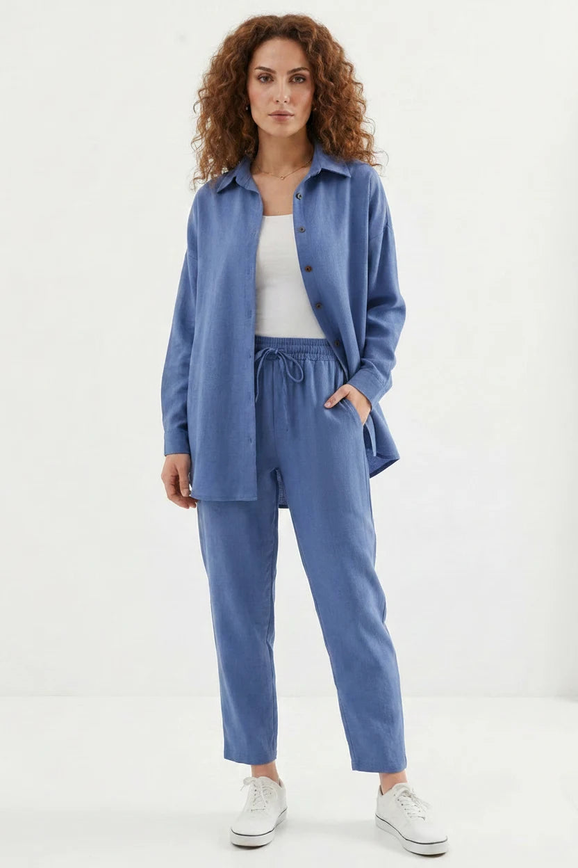 Kadın Gömlek Yaka Beli Büzgülü Düz Kesim Keten D. İndigo İkili Takım