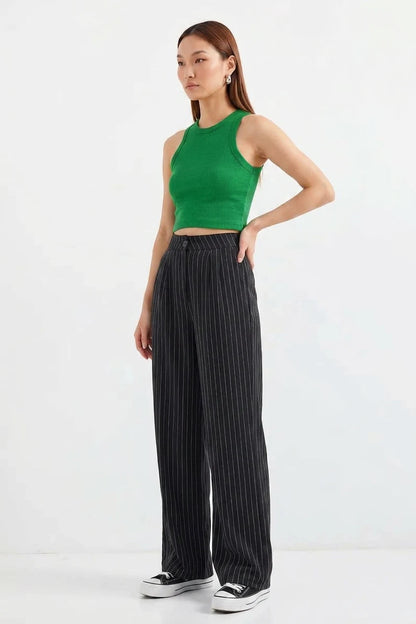 Kadın Yüksek Bel Palazzo Bol Paça Çizgili Siyah Pantolon